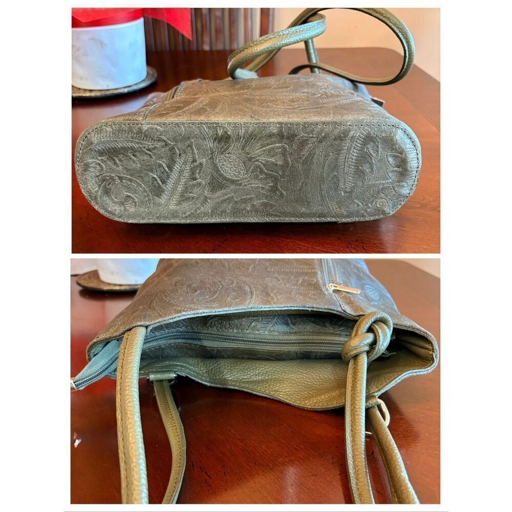 SOLO PERCHE - 🎉HP🎉NWOT "Varese" Tooled Leather Shoulder-to-Backpack/Olive Green - Picture 7 of 16